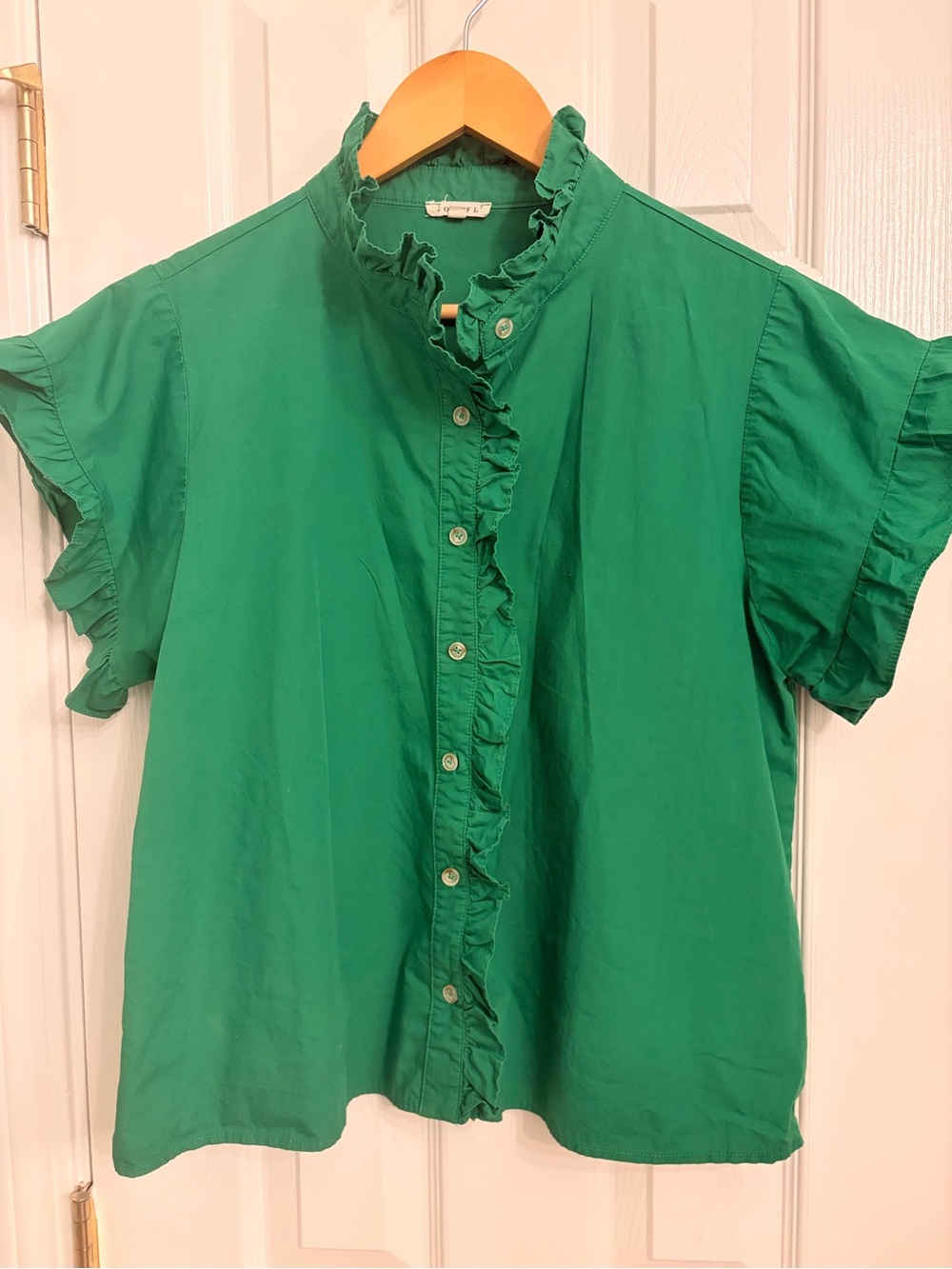 JODIFL Emerald Green Ruffle-Trim Short Sleeve Blouse